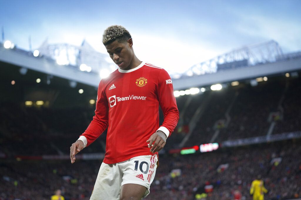 Manchester United's Marcus Rashford during the English Premier League soccer match between Manchester United and Crystal Palace at Old Trafford stadium in Manchester, England, Sunday, Dec. 5, 2021. (AP Photo/Jon Super)