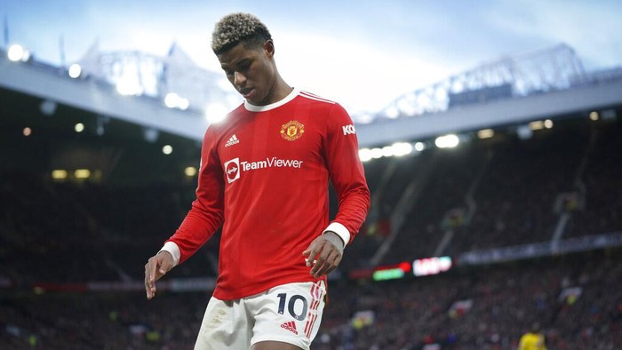 Manchester Uniteds Marcus Rashford during the English Premier League soccer match between Manchester United and Crystal Palace at Old Trafford stadium in Manchester, England, Sunday, Dec. 5, 2021. (AP Photo/Jon Super)