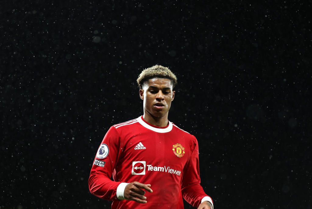 NORWICH, ENGLAND - DECEMBER 11: Marcus Rashford of Manchester United during the Premier League match between Norwich City and Manchester United at Carrow Road on December 11, 2021 in Norwich, England. (Photo by Alex Pantling/Getty Images)