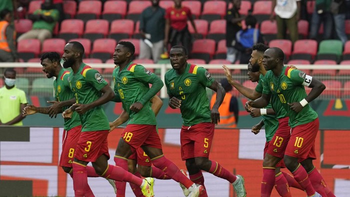Cameroon players celebrate s goal during the African Cup of Nations 2022 group A soccer match between Cameroon and Ethiopia at the Ahmadou Ahidjo stadium in Yaounde, Cameroon, Thursday, Jan. 13, 2022. (AP Photo/Themba Hadebe)