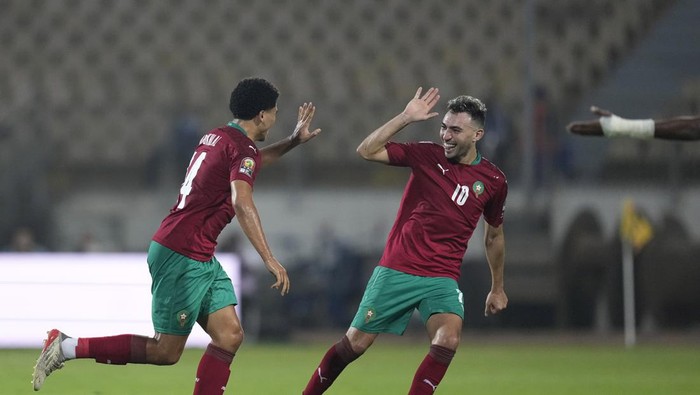 Moroccos Zakaria Aboukhlal, left, with teammate Munir El Haddadi celebrates after scoring a goal,during the African Cup of Nations 2022 group C soccer match between Morocco and Comoros at the Ahmadou Ahidjo stadium in Yaounde, Cameroon, Friday, Jan. 14, 2022. (AP Photo/Themba Hadebe)