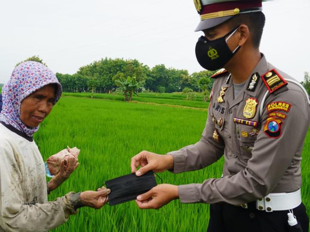Polisi Lamongan Turun ke Sawah Berbagi Nasi-Masker ke Petani