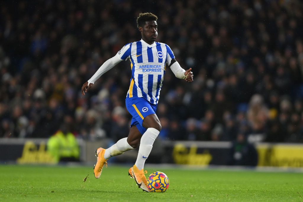 BRIGHTON, ENGLAND - NOVEMBER 27: Yves Bissouma of Brighton & Hove Albion in action during the Premier League match between Brighton & Hove Albion and Leeds United at American Express Community Stadium on November 27, 2021 in Brighton, England. (Photo by Mike Hewitt/Getty Images)
