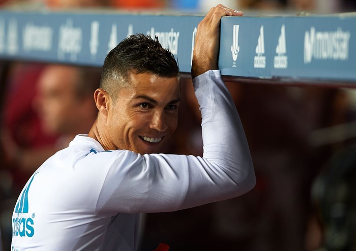 Cristiano Ronaldo BARCELONA, SPAIN - AUGUST 13: Cristiano Ronaldo of Real Madrid reacts prior to the Supercopa de Espana Supercopa Final 1st Leg match between FC Barcelona and Real Madrid at Camp Nou on August 13, 2017 in Barcelona, Spain. (Photo by Manuel Queimadelos Alonso/Getty Images,)