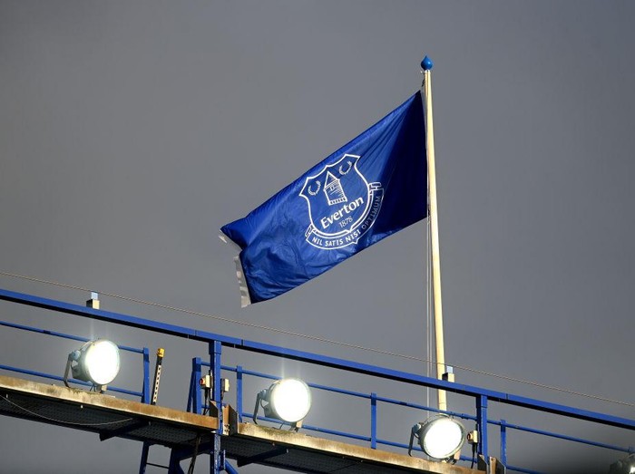 LIVERPOOL, ENGLAND - MAY 01: A detailed view of an Everton flag is seen from inside the stadium prior to the Premier League match between Everton and Aston Villa at Goodison Park on May 01, 2021 in Liverpool, England. Sporting stadiums around the UK remain under strict restrictions due to the Coronavirus Pandemic as Government social distancing laws prohibit fans inside venues resulting in games being played behind closed doors. (Photo by Michael Regan/Getty Images)