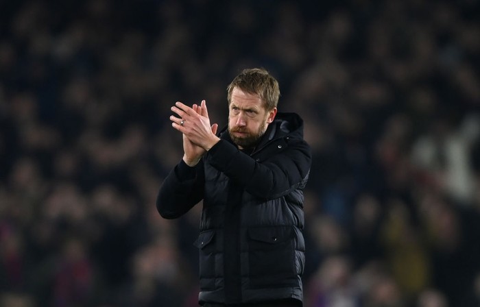 BRIGHTON, ENGLAND - JANUARY 14: Graham Potter, Manager of Brighton and Hove Albion applauds fans during the Premier League match between Brighton & Hove Albion  and  Crystal Palace at American Express Community Stadium on January 14, 2022 in Brighton, England. (Photo by Mike Hewitt/Getty Images)