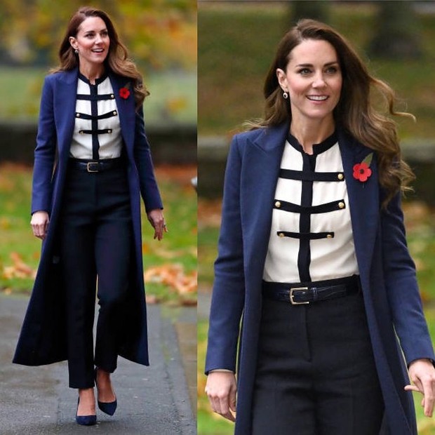 Kate Middleton memakai blouse monokrom detail button