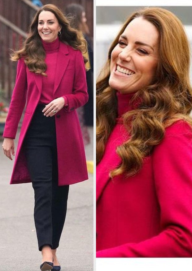 Kate Middleton terlihat memakai long coat berwarna merah