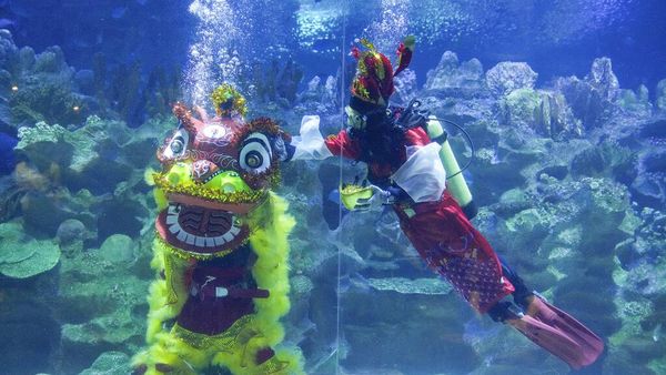 Atraksi Barongsai di Dalam Air Sambut Tahun Baru Imlek
