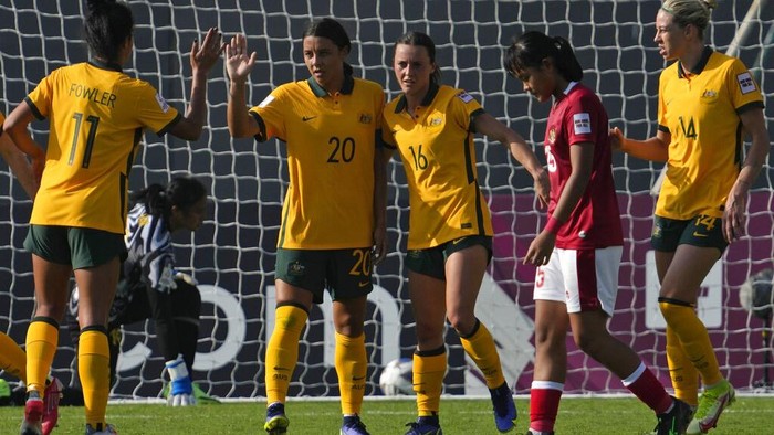 Australia's Mary Fowler kicks the ball during the AFC Women's Asian Cup 2022 match between Australia and Indonesia in Mumbai, India, Friday, Jan. 21, 2022. (AP Photo/Rajanish Kakade)