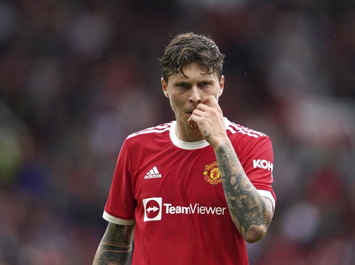 Manchester United's Victor Lindelof during the English Premier League soccer match between Manchester United and Leeds United at Old Trafford in Manchester, England, Saturday, Aug. 14, 2021. (AP Photo/Jon Super)