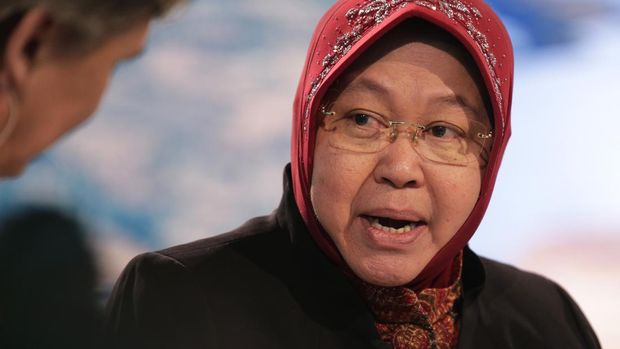 Tri Rismaharini, the mayor of Surabaya, Indonesia, participates in a panel during the One Planet Summit in New York, Wednesday, Sept. 26, 2018. (AP Photo/Seth Wenig)