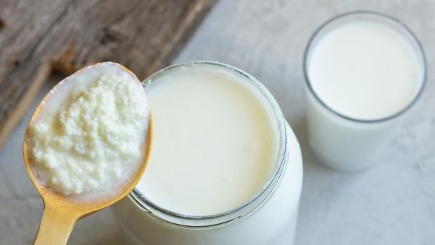https://www.istockphoto.com/photo/kefir-grains-in-wooden-spoon-with-glass-of-kefir-drink-healthy-fermented-probiotic-gm1317528423-404931508 Kefir grains in wooden spoon with glass of kefir drink, healthy fermented probiotic cold dairy drink