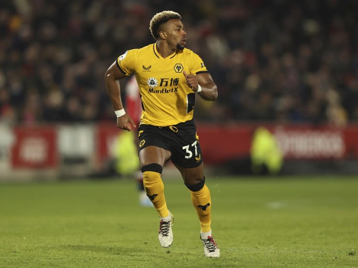 Wolverhampton Wanderers Adama Traore is in action during the English Premier League soccer match between Brentford and Wolverhampton Wanderers at the Brentford Community Stadium in Brentford, England Saturday, Jan. 22, 2022. (AP Photo/Ian Walton)