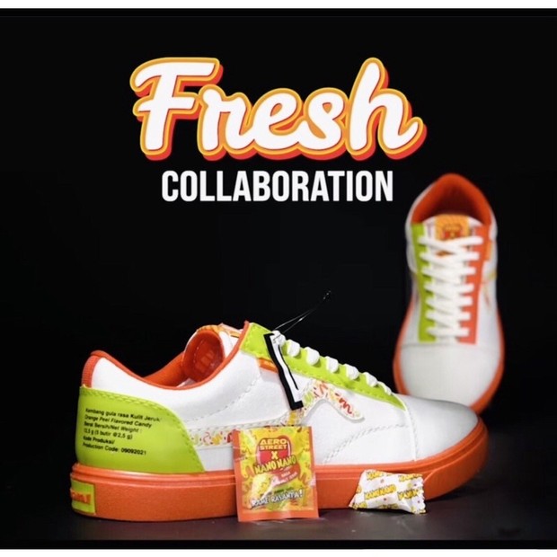 aerostreet x nanonano/Foto : instagram.com/Aerostreet paduan warna oranye dan hijau dalam kolaborasi spesial aerostreet dan permen nanonano