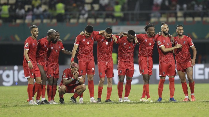 Equatorial Guineas soccer players during penalty shootout with Mali, at the African Cup of Nations 2022 round of 16 match between Mali and Equatorial Guinea at Omnisport Stadium, Limbe, Cameroon, Wednesday, Jan. 26, 2022. (AP Photo/Sunday Alamba)