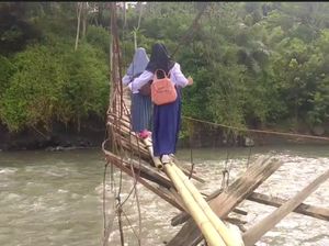 Bahaya! Pelajar Terpaksa Lintasi Jembatan Bambu Demi Sekolah