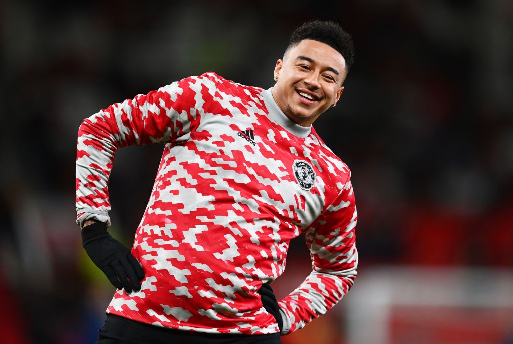 MANCHESTER, ENGLAND - DECEMBER 30: Jesse Lingard of Manchester United reacts as he warms up prior to the Premier League match between Manchester United and Burnley at Old Trafford on December 30, 2021 in Manchester, England. (Photo by Dan Mullan/Getty Images)