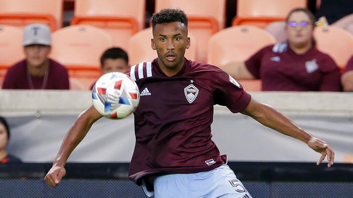 Colorado Rapids defender Auston Trusty during the first half of an MLS soccer match against the Houston Dynamo Saturday, Aug. 14, 2021, in Houston. (AP Photo/Michael Wyke)