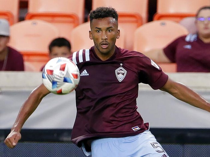 Colorado Rapids defender Auston Trusty during the first half of an MLS soccer match against the Houston Dynamo Saturday, Aug. 14, 2021, in Houston. (AP Photo/Michael Wyke)