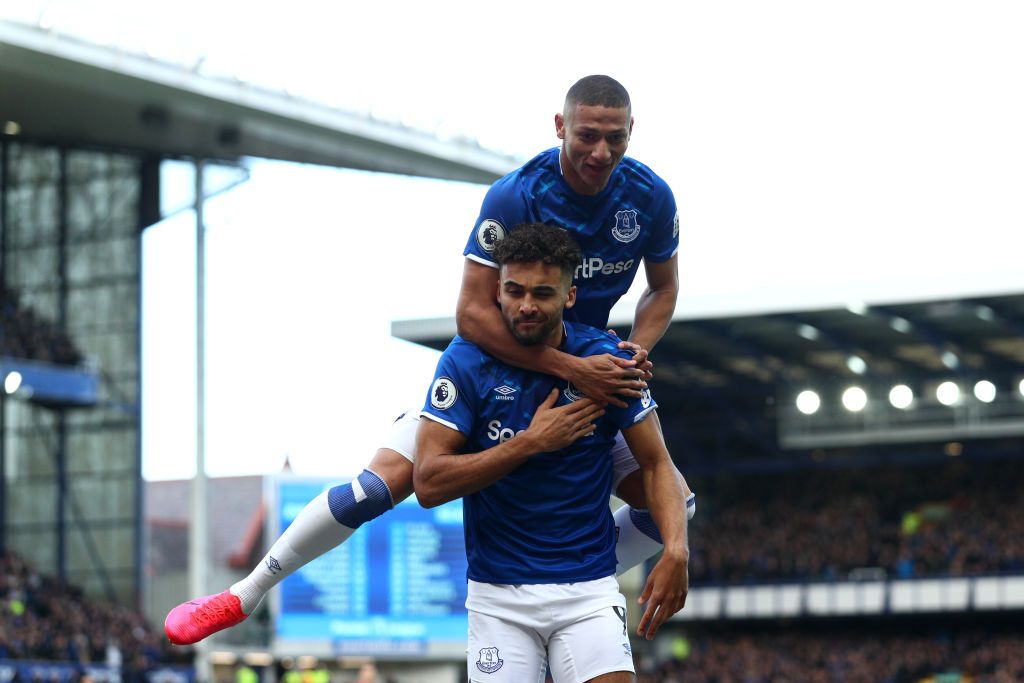 LIVERPOOL, ENGLAND - DECEMBER 06: Richarlison of Everton celebrates after scoring their team's first goal which is later ruled offside during the Premier League match between Everton  and  Arsenal at Goodison Park on December 06, 2021 in Liverpool, England. (Photo by Naomi Baker/Getty Images)