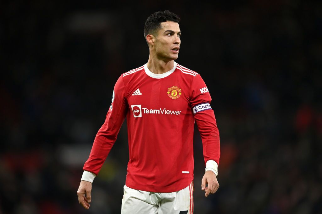 MANCHESTER, ENGLAND - JANUARY 03: Cristiano Ronaldo of Manchester United reacts wearing the captains armband during the Premier League match between Manchester United and Wolverhampton Wanderers at Old Trafford on January 03, 2022 in Manchester, England. (Photo by Gareth Copley/Getty Images)