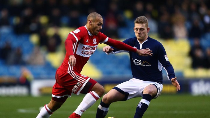 LONDON, ENGLAND - DECEMBER 16:  Martin Braithwaite of Middlesbrough takes the ball past George Saville of Millwall during the Sky Bet Championship match between Millwall and Middlesbrough at The Den on December 16, 2017 in London, England.  (Photo by Jordan Mansfield/Getty Images)