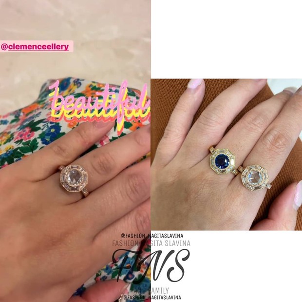 Cincin diamond Nagita Slavina/instagram.com/fashion_nagitaslavina Selain anting dan gelang masih banyak koleksi perhiasan Nagita yang harganya mencapai ratusan juta. Salah satunya cincin diamond berwarna biru ini yang mencapai 140 juta.