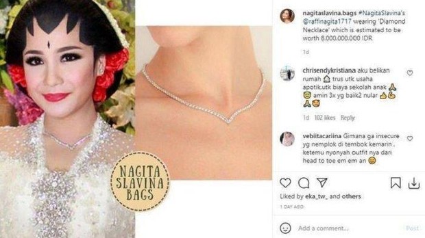 Kalung Berlian Nagita Slavina/instagram.com/nagitaslavina.bags Kalung berlian yang dikenakan Nagita saat pernikahnnya ini digadang-gadang mencapai harga 8 milyar rupiah!