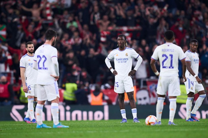 BILBAO, SPAIN - FEBRUARY 03: Edujardo Camavinga of Real Madrid looks on after being scored during the Copa del Rey Quarter Final match between Athletic Club and Real Madrid at Estadio de San Mames on February 03, 2022 in Bilbao, Spain. (Photo by Juan Manuel Serrano Arce/Getty Images)
