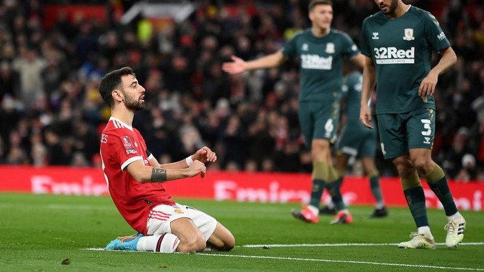 MANCHESTER, ENGLAND - FEBRUARY 04: Bruno Fernandes  of Manchester United reacts after missing an early chance during the Emirates FA Cup Fourth Round match between Manchester United and Middlesbrough at Old Trafford on February 04, 2022 in Manchester, England. (Photo by Clive Mason/Getty Images)