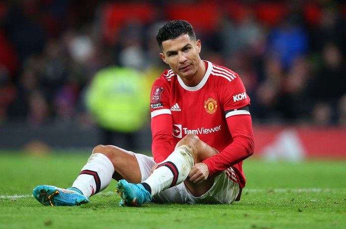 MANCHESTER, ENGLAND - FEBRUARY 04:  Cristiano Ronaldo of Manchester United reacts during the Emirates FA Cup Fourth Round match between Manchester United and Middlesbrough at Old Trafford on February 04, 2022 in Manchester, England. (Photo by Alex Livesey/Getty Images)