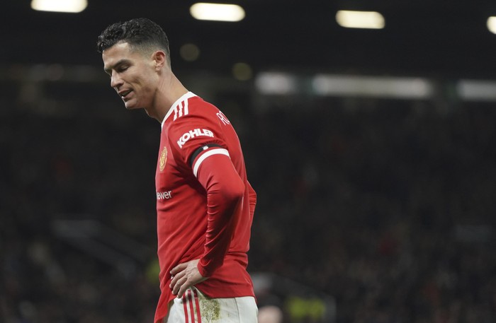 Manchester Uniteds Cristiano Ronaldo reacts during the English FA Cup fourth round soccer match between Manchester United and Middlesbrough at Old Trafford stadium in Manchester, England, Friday, Feb. 4, 2022. (AP Photo/Jon Super)