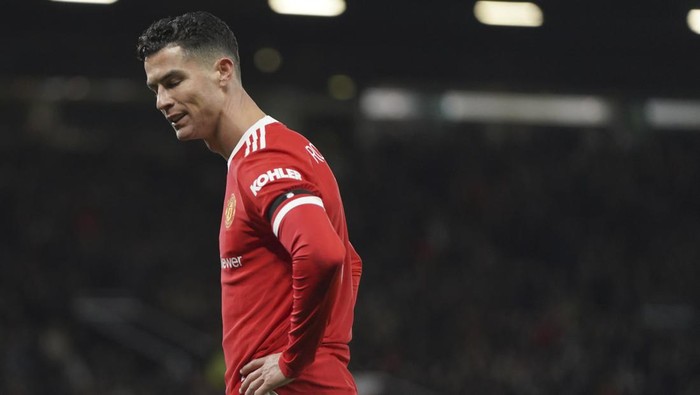 Manchester Uniteds Cristiano Ronaldo reacts during the English FA Cup fourth round soccer match between Manchester United and Middlesbrough at Old Trafford stadium in Manchester, England, Friday, Feb. 4, 2022. (AP Photo/Jon Super)
