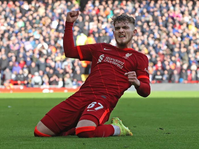 LIVERPOOL, ENGLAND - FEBRUARY 06: Liverpool player  Harvey Elliott celebrates after scoring the third Liverpool goal  during the Emirates FA Cup Fourth Round match between Liverpool and Cardiff City at Anfield on February 06, 2022 in Liverpool, England. (Photo by Clive Brunskill/Getty Images)