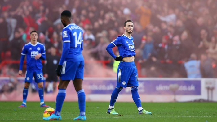 NOTTINGHAM, ENGLAND - FEBRUARY 06: James Maddison of Leicester City reacts after Nottingham Forest scored their first goal during the Emirates FA Cup Fourth Round match between Nottingham Forest and Leicester City at City Ground on February 06, 2022 in Nottingham, England. (Photo by Alex Livesey/Getty Images)