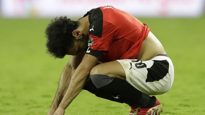 Egypts Mohamed Salah reacts after the African Cup of Nations 2022 final soccer match between Senegal and Egypt at the Ahmadou Ahidjo stadium in Yaounde, Cameroon, Sunday, Feb. 6, 2022. (AP Photo/Sunday Alamba)