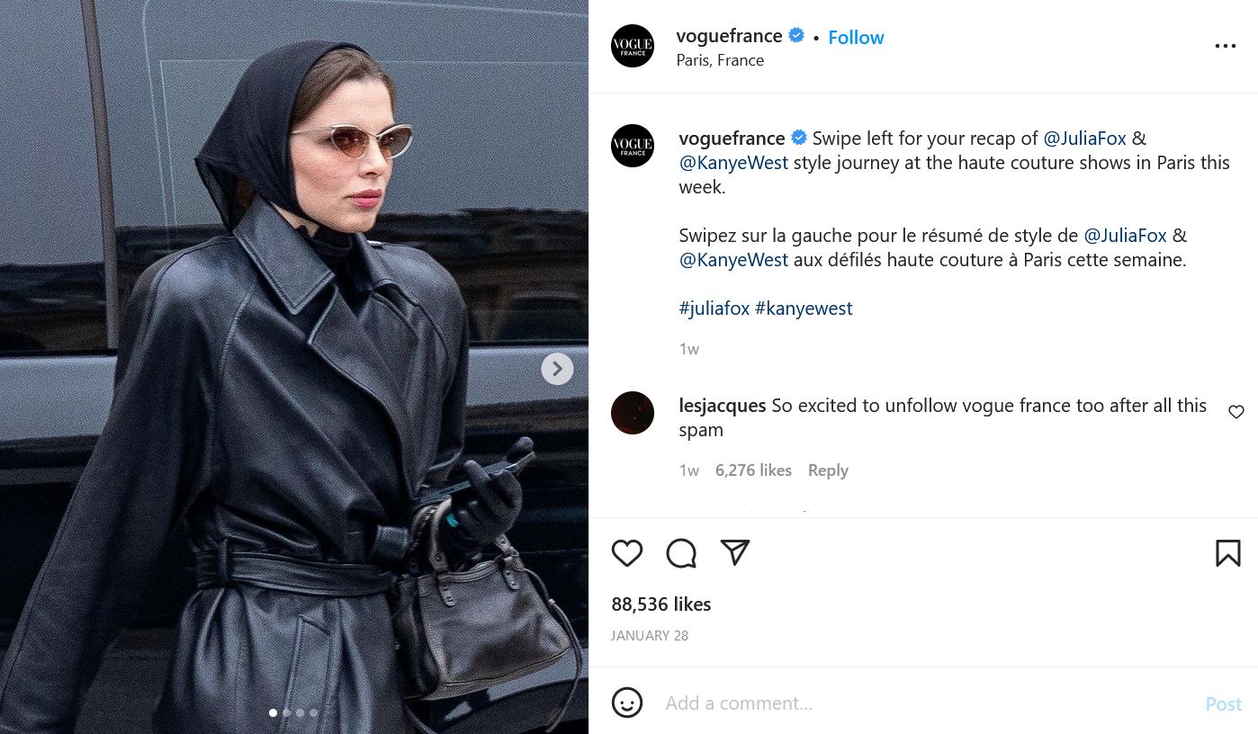 Unggahan Vogue France di Instagram soal Julia Fox menggunakan headscarf