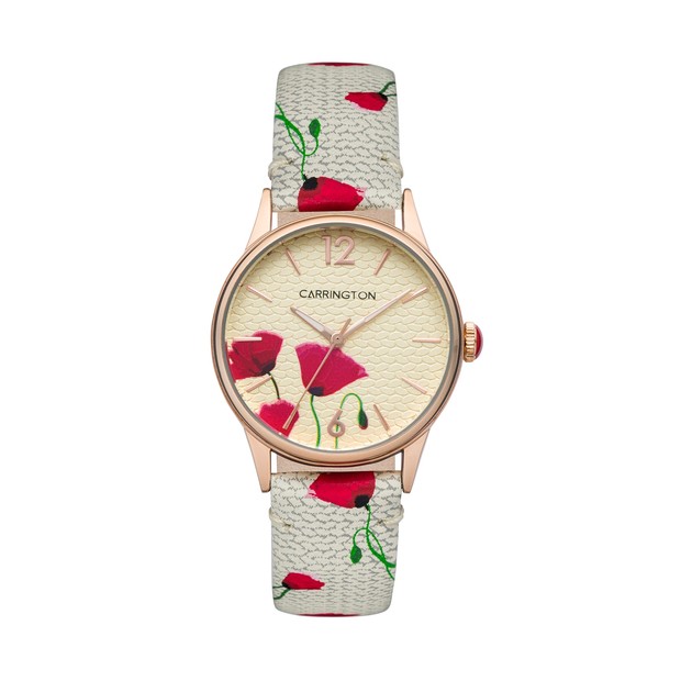 Pada jam tangan Carrington Cordelia, motif bunga tidak hanya ada di permukaan jam tapi juga di strapnya