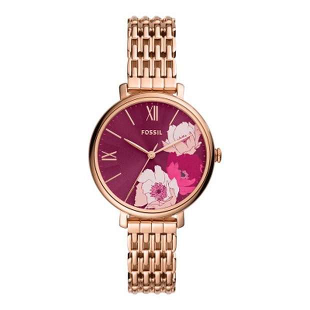 elegan dan mewah, Fossil Jacqueline Red Dial dengan strap berbahan stainless steel warna rose gold