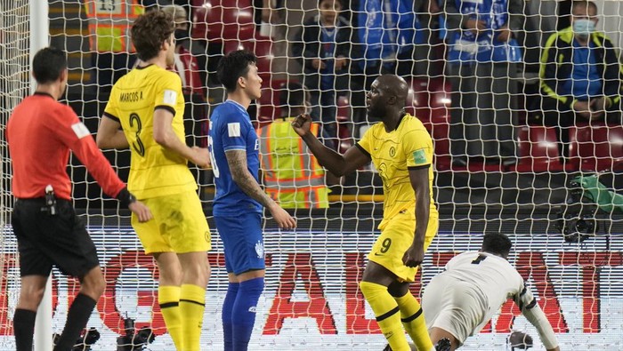 Chelseas Romelu Lukaku celebrates after a goal during the Club World Cup semifinal soccer match between Al Hilal and Chelsea in Abu Dhabi, United Arab Emirates, Wednesday, Feb. 9, 2022. (AP Photo/Hassan Ammar)