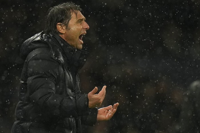 Tottenhams head coach Antonio Conte reacts during the English Premier League soccer match between Tottenham Hotspur and Southampton at the Tottenham Hotspur Stadium in London, Wednesday, Feb. 9, 2022. (AP Photo/Alastair Grant)