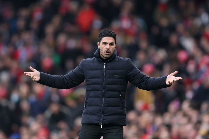 Mikel Arteta LONDON, ENGLAND - JANUARY 23: Mikel Arteta, Manager of Arsenal reacts during the Premier League match between Arsenal and Burnley at Emirates Stadium on January 23, 2022 in London, England. (Photo by Julian Finney/Getty Images)