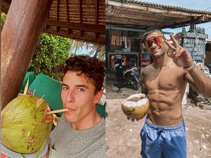 Keseruan Para Pebalap MotoGP Minum Kelapa sambil Nikmati Panorama Pantai Lombok