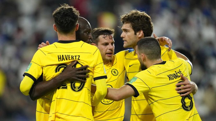 Chelseas players celebrate after a goal during the Club World Cup semifinal soccer match between Al Hilal and Chelsea in Abu Dhabi, United Arab Emirates, Wednesday, Feb. 9, 2022. (AP Photo/Kamran Jebreili)