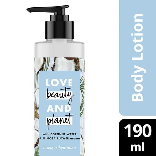 Love Beauty And Planet Luscious Hydration Body Lotion with Coconut Water & Mimosa Flower Aroma / foto : shopee.co.id/loveveautyplanet.id