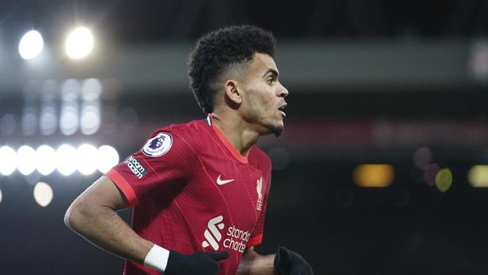 Liverpool's Luis Diaz runs during the English Premier League soccer match between Liverpool and Leicester City at Anfield stadium in Liverpool, England, Thursday, Feb. 10, 2022. (AP Photo/Jon Super)