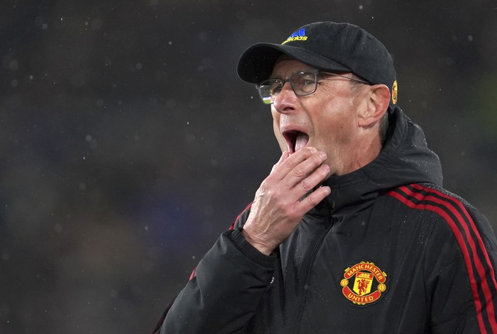 Manchester United's interim manager Ralf Rangnick reacts during the English Premier League soccer match between Burnley and Manchester United at Turf Moor, in Burnley, England, Tuesday, Feb. 8, 2022. (AP Photo/Jon Super)