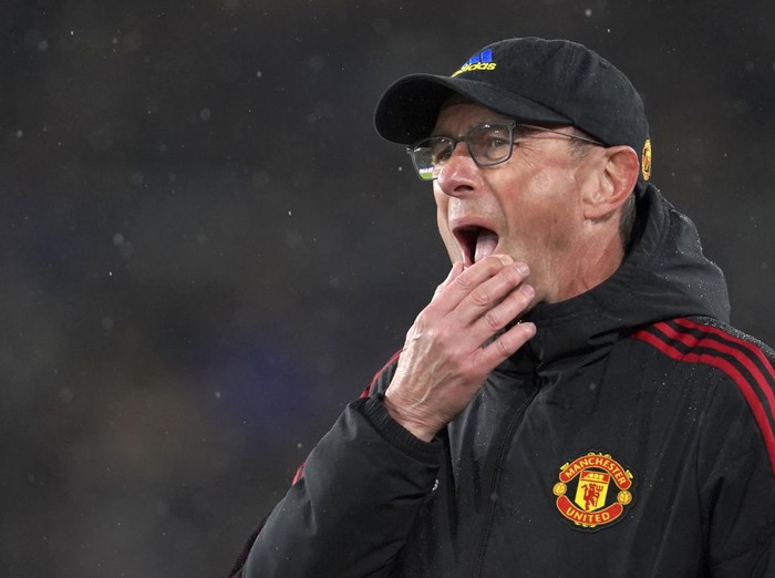 Manchester Uniteds interim manager Ralf Rangnick reacts during the English Premier League soccer match between Burnley and Manchester United at Turf Moor, in Burnley, England, Tuesday, Feb. 8, 2022. (AP Photo/Jon Super)