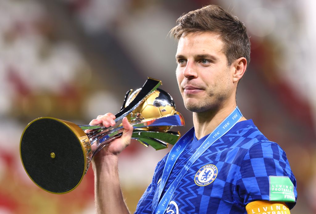 ABU DHABI, UNITED ARAB EMIRATES - FEBRUARY 12: Cesar Azpilicueta of Chelsea celebrates victory  following their side's victory during the FIFA Club World Cup UAE 2021 Final match between Chelsea v Palmeiras at Mohammed Bin Zayed Stadium on February 12, 2022 in Abu Dhabi, United Arab Emirates. (Photo by Francois Nel/Getty Images)